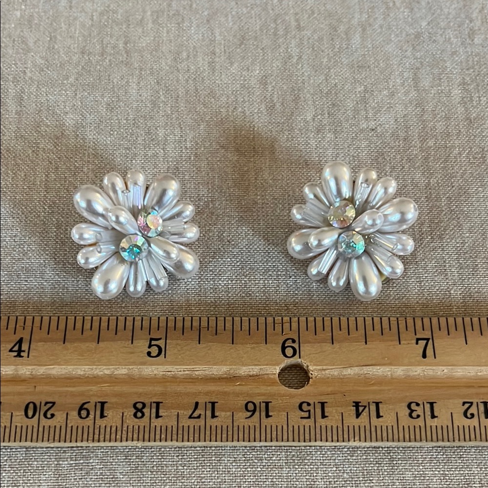 Vintage Pearl and Crystal Flower Clip Earrings